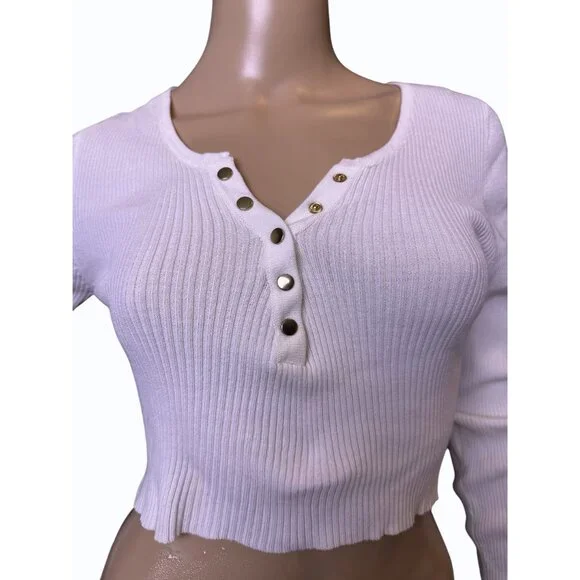 NWT 2Bella Cropped Ribbed Stretch Long Sleeve Top Snap Front L White Y2K Style - Picture 3 of 11